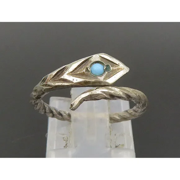 925 Silver - Vintage Petite Snake Motif Turquoise Wrap Band Ring Sz 5 - RG24131 - Picture 6 of 7